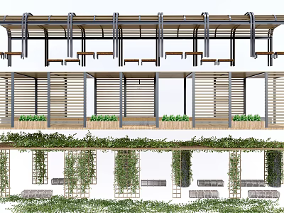 Modern Pergola Design with Wooden Structure Climbing Plants and Seating Areas 3d model