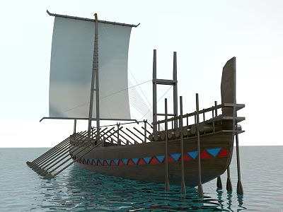 Ancient Wooden Sailing Ship With White Sail Red Blue Triangular Decorations Oars On Calm Water 3d model