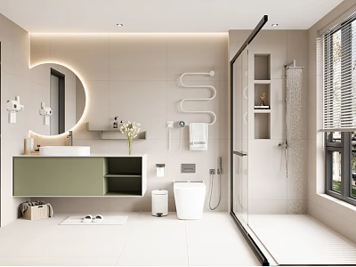 Modern Bathroom Interior Design With Circular Mirror Green Vanity White Toilet And Glass Shower 3d model
