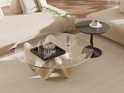 Elegant Transparent Glass Coffee Table Design With White Supports And Decorative Tray 3d model