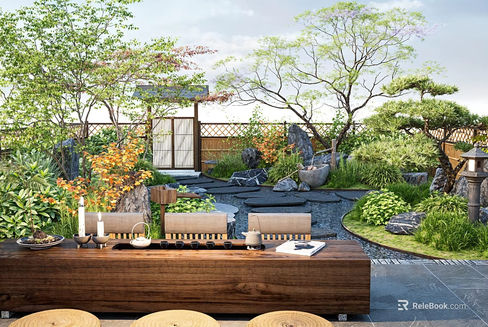 Serene Courtyard Garden With Wooden Long Table Round Cushions Trees Greenery And Stone Features 3d model 
