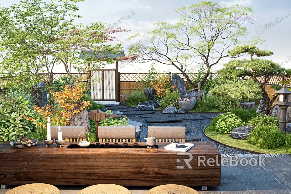 Japanese Zen Courtyard Landscape Tea Table Tingbu Water Pots Fence Landscape Stone Flowers and Plants model