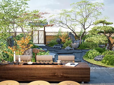 Serene Courtyard Garden With Wooden Long Table Round Cushions Trees Greenery And Stone Features 3d model