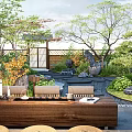 Serene Courtyard Garden With Wooden Long Table Round Cushions Trees Greenery And Stone Features