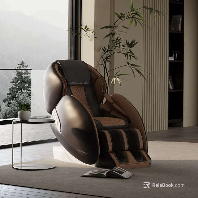 Modern Leather Massage Recliner Chair With Side Table And Mountain View Through Window 3d model 