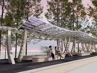 Modern Garden Landscape Featuring Perforated Pergola Benches And Surrounding Trees Under Sunset Sky 3d model