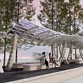Modern Garden Landscape Featuring Perforated Pergola Benches And Surrounding Trees Under Sunset Sky