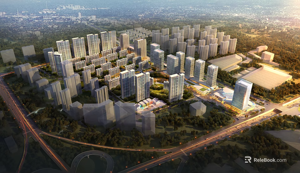 Birds Eye View Urban Planning With High Rise Buildings Green Spaces And Road Networks 3d model 