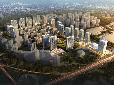 Birds Eye View Urban Planning With High Rise Buildings Green Spaces And Road Networks 3d model