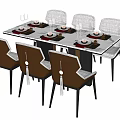 Modern Dining Table Set With Marble Top And Six Chairs Dinnerware Setting 3d model