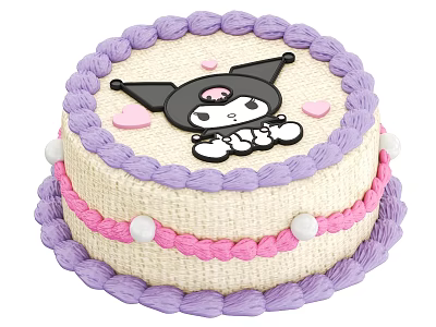 Round Decorated Cake With Purple Pink Frosting And Cartoon Character Heart Shapes 3d model