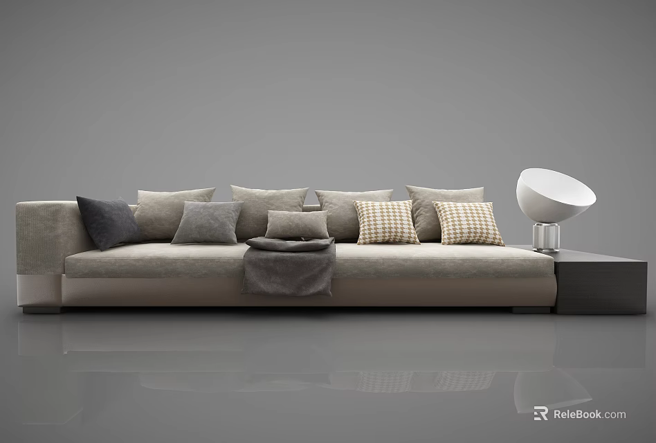 Light Gray Sectional Sofa with Multiple Patterned Cushions and Blanket Beside Lamp and Side Table 3d model