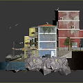 Colorful Multi Story Buildings By Water With Balconies Awnings And Small Boat
