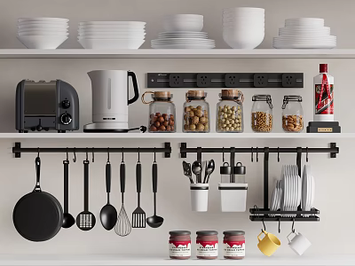 Organized Kitchen Utensils With Hanging Pans Spatulas Shelves Plates Bowls Toaster Kettle Nuts Jars Mugs 3d model