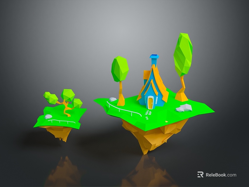 Floating Islands Landscape With Blue Cottage Green Trees Yellow Roof And White Stones 3d model 