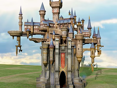 Cartoon Castle Scene With Multiple Spires Towers Intricate Structure On Green Grassland Under Blue Sky 3d model