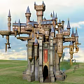 Cartoon Castle Scene With Multiple Spires Towers Intricate Structure On Green Grassland Under Blue Sky