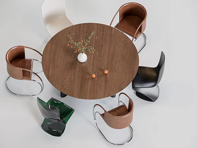 Round Wooden Dining Table Set With Assorted Color Chairs And Decorative Vase Plants 3d model
