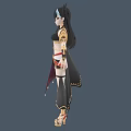 A Woman In Black And Gold Outfit With Long Black Hair And Red Accents