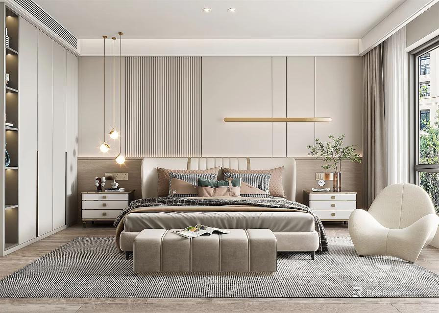 Modern Minimalist Bedroom Interior Design With Upholstered Headboard Padded Ottoman And Striped Wall 3d model 