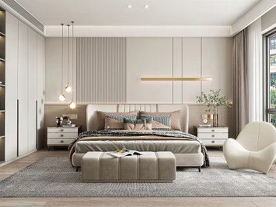 Modern Minimalist Bedroom Interior Design With Upholstered Headboard Padded Ottoman And Striped Wall 3d model
