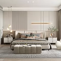 Modern Minimalist Bedroom Interior Design With Upholstered Headboard Padded Ottoman And Striped Wall