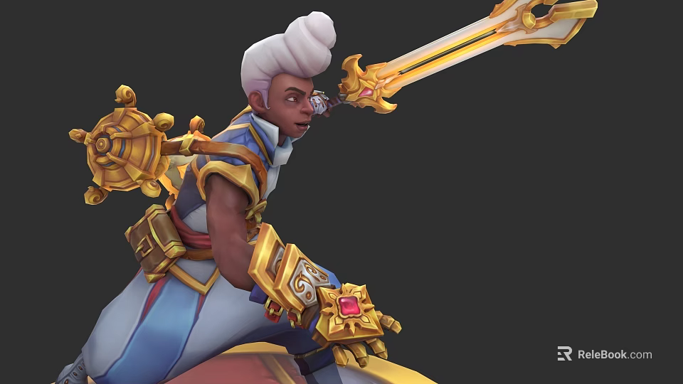 Game Movie Character with White Hair Blue Gold Outfit and Golden Long Sword Combat Stance 3d model 