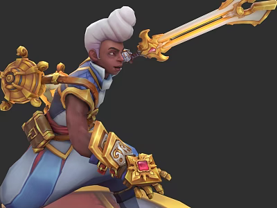 Game Movie Character with White Hair Blue Gold Outfit and Golden Long Sword Combat Stance 3d model