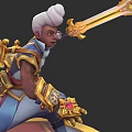 Game Movie Character with White Hair Blue Gold Outfit and Golden Long Sword Combat Stance