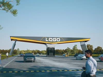 Modern Entrance Gate With LOGO Sign Awning Structure Cars Green Trees And Blue Sky 3d model