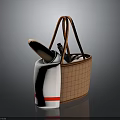 Cute Rabbit Resting in Woven Basket with Fresh Carrots Eggs and Bottle
