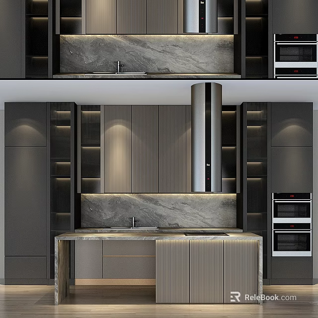 Sleek Modern Kitchen Interior Featuring Cabinets Marble Countertop And Range Hood 3d model 