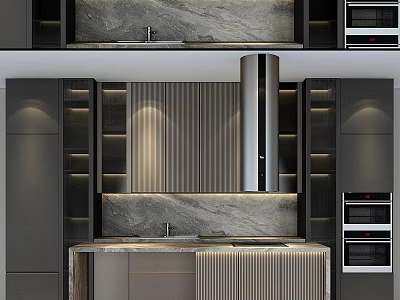 Sleek Modern Kitchen Interior Featuring Cabinets Marble Countertop And Range Hood 3d model