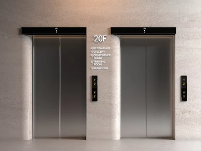 Silver Elevator Doors With Restaurant Meeting Room Toilet And 20F On Gray Wall 3d model