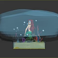 Colorful Feathered Headdress Character and Small Creatures Inside Transparent Blue Crystal on Yellow Base
