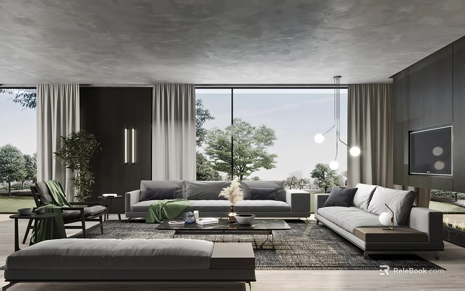 Gray Sofa And Coffee Table Set In Modern Living Room Large Windows Plants Pendant Lights 3d model 