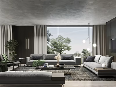 Gray Sofa And Coffee Table Set In Modern Living Room Large Windows Plants Pendant Lights 3d model