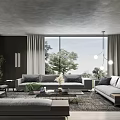 Gray Sofa And Coffee Table Set In Modern Living Room Large Windows Plants Pendant Lights