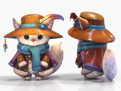 Cat Shaped Plush Toy With Brown Hat Feather Decoration Blue Scarf And Coat 3d model