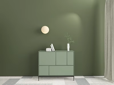 Green Entryway Console Cabinet With Round Lamp Books Vase And Green Plant On Checkerboard Floor 3d model