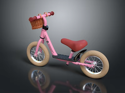 Kids' Pink Bicycle with Red Handlebar Seat and Brown Basket Beige Wheels 3d model