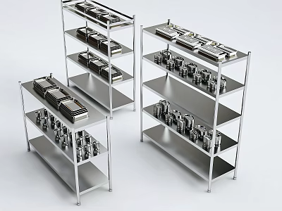 Three Stainless Steel Shelves Displaying Organized Kitchenware And Cooking Tools 3d model