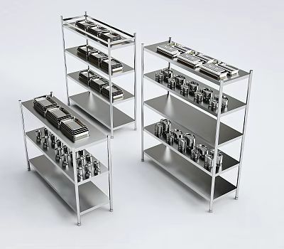 Three Stainless Steel Shelves Displaying Organized Kitchenware And Cooking Tools 3d model