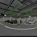 Indoor Parking Garage With Green And Yellow Pillars Ceiling Grid Floor Arrows And Parked Cars