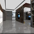 Chinese Style Lobby Interior With Wooden Screen TV Bookshelf And Green Door