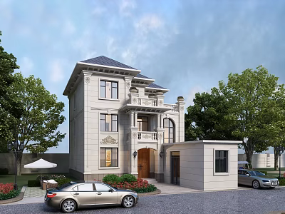 Elegant Detached Villa With Light-colored Exterior Dark Roof Stone Steps Front Yard Greenery And Trees 3d model