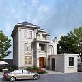 Elegant Detached Villa With Light-colored Exterior Dark Roof Stone Steps Front Yard Greenery And Trees