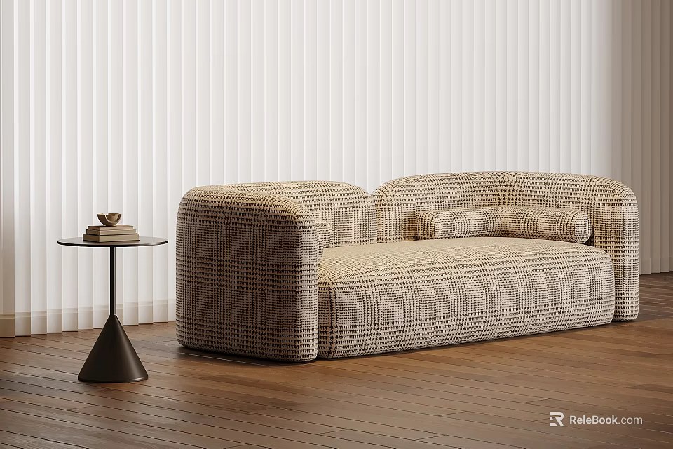 Two Seater Plaid Pattern Sofa With Small Round Table And White Blinds 3d model 