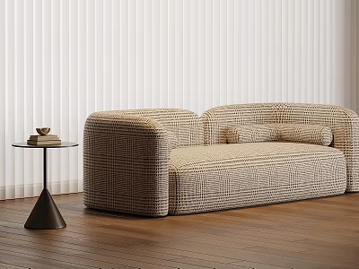 Two Seater Plaid Pattern Sofa With Small Round Table And White Blinds 3d model
