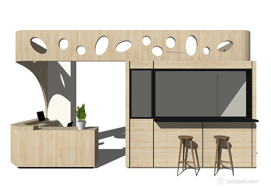 Modern Wooden Reception Desk With Circular Cutouts Bar Stools And Potted Plant Interior Design 3d model 